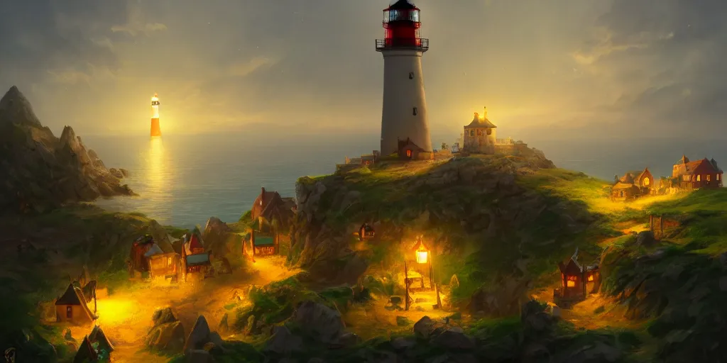 Prompt: Very small fantasy village on a cape with a lighthouse shining with green light, fishing boats, view from above. In style of Greg Rutkowski, Jesper Ejsing, Makoto Shinkai, trending on ArtStation, fantasy, great composition, concept art, highly detailed, scenery, 8K, Behance.