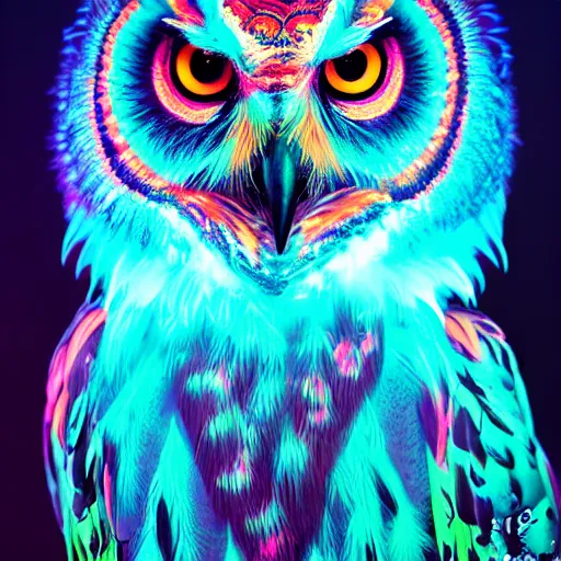 Image similar to Shambhala, neon tribal eurasian owl, pastel neon, photorealistic render 8k intricate, elegant, highly detailed, smooth, sharp focus, detailed face, high contrast, dramatic lighting, graphic novel, art by Ardian Syaf and Michael Choi