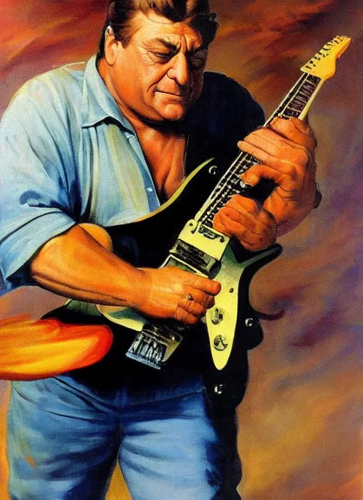 Image similar to john goodman shredding on an electric guitar, painting by frank frazetta, 8 k, clean