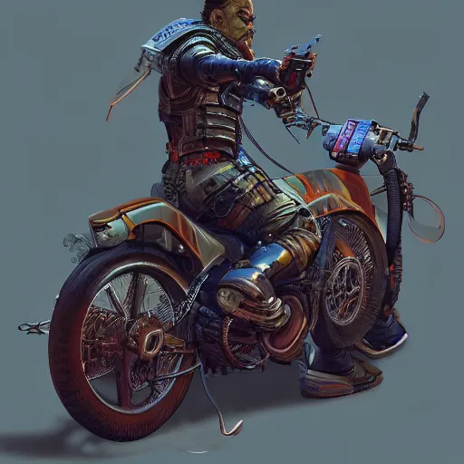 Image similar to extremely detailed realistic render of a cyberpunk samurai riding a motorcycle by James Jean, carig mullins and Syd mead perspective shot ArtStation, CGSociety