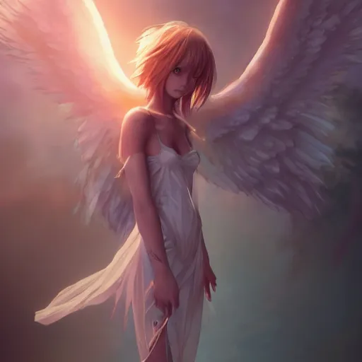 Image similar to a beautiful anime girl with angel wings, by artgerm, wlop and greg rutkowski, hd, hdr, ue 5, ue 6, unreal engine 5, cinematic 4 k wallpaper, 8 k, ultra detailed, high resolution, artstation, award winning