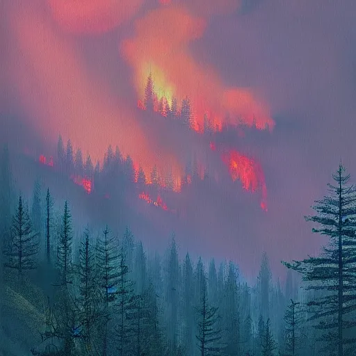 Image similar to forest fire in the Rocky Mountains, by Olly Moss, graphic design