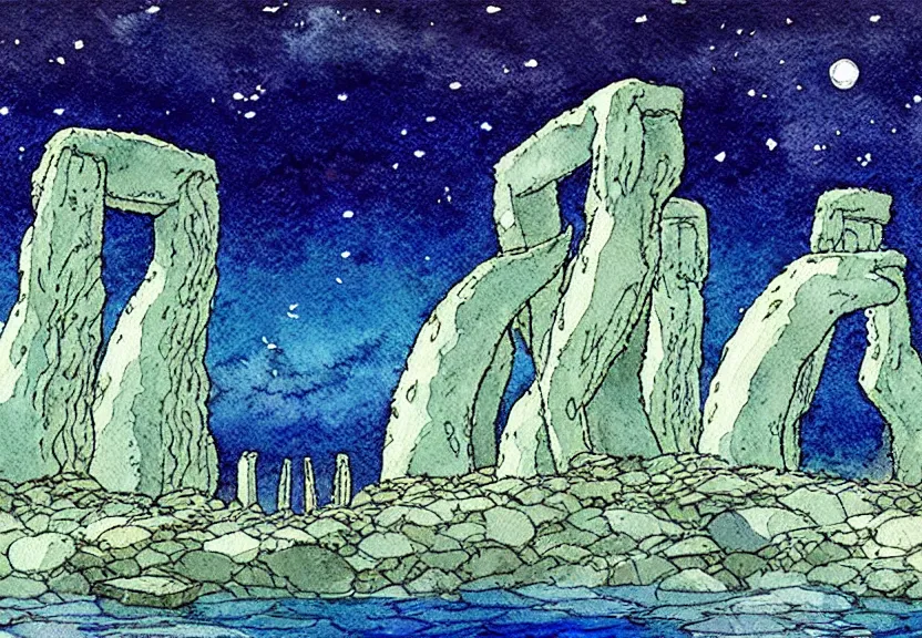 Image similar to a simple watercolor studio ghibli movie still fantasy concept art of stonehenge at the bottom of the ocean. a giant squid from princess mononoke ( 1 9 9 7 ) is holding large stones. it is a misty starry night. by rebecca guay, michael kaluta, charles vess
