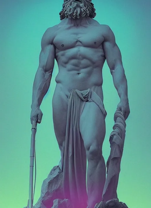 Image similar to statue of zeus, beeple, vaporwave, retrowave, black background, neon, black, glitch, strong contrast, pinterest, trending on artstation