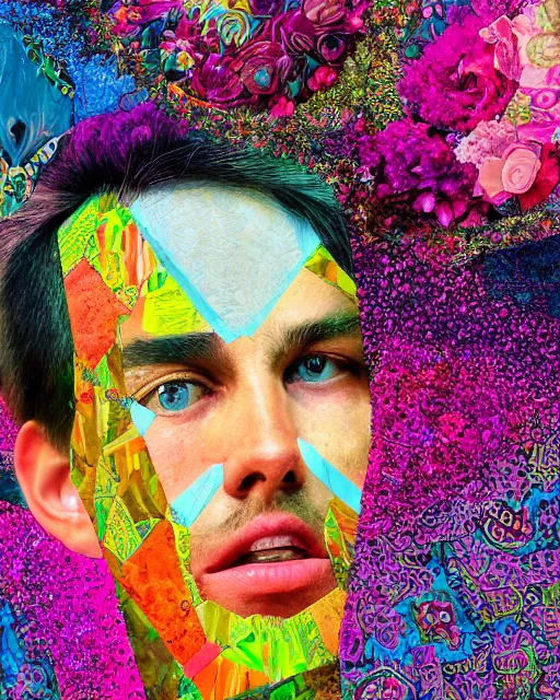 Prompt: detailed half-lenght portrait with unexpected maximalist elements. 8x HD mixed media 3D collage in the style of an hyperdetailed childbook illustration in vibrant pastel tones. colourful matte background no frame HD