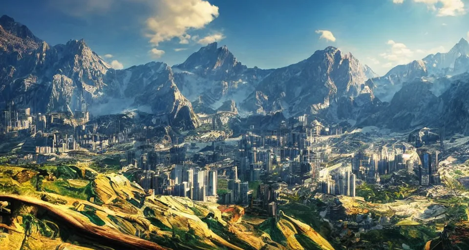 Prompt: a view of a futuristic city on beautiful mountain landscape