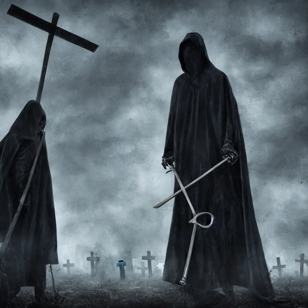 Image similar to death in a hood with a scythe in a cemetery, central composition, dark and mysterious, atmospheric, cinematic, 4k, ultra detail, ultra realistic