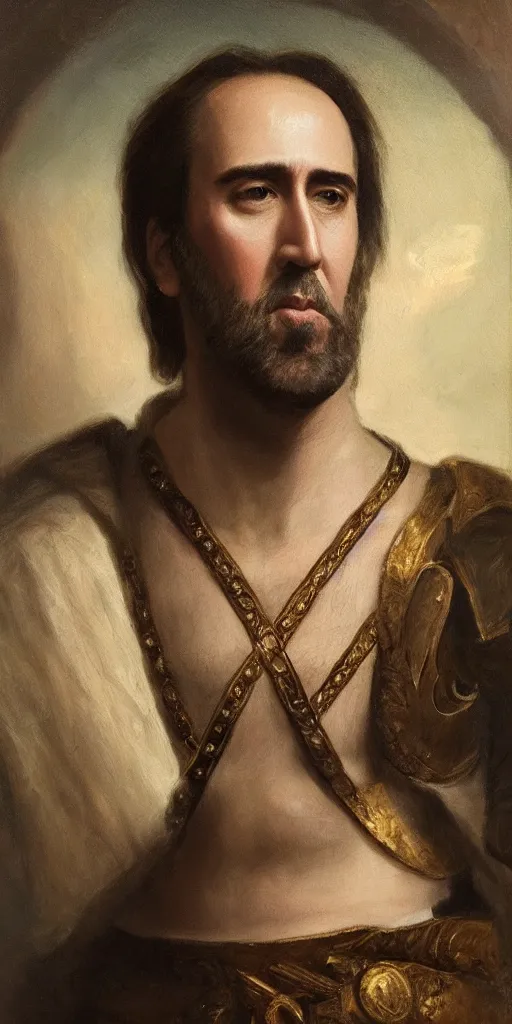 Image similar to Romantic-period style portrait of Nicholas Cage playing Alexander the Great, trending on artstation, oil painting masterpiece, symmetry, fractals, Greek iconography