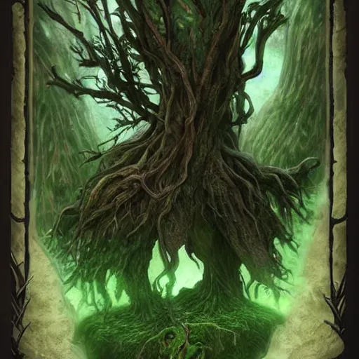 Image similar to giant green old treant creature, elven treant made of leaves and roots, old elven treant, old humanoid ents, elven face, old human face, old humanoid treant, epic fantasy style, green theme, forest background, hearthstone artwork