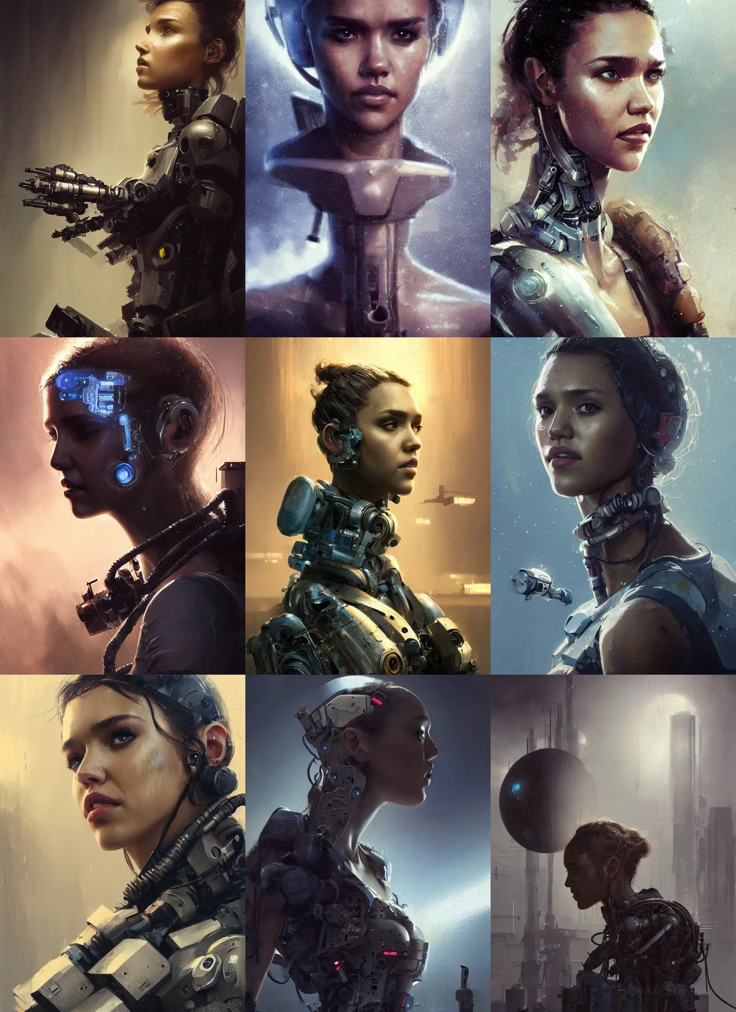 Prompt: a rugged engineer jessica alba girl with cybernetic enhancements working assembling a satellite, scifi character portrait by greg rutkowski, esuthio, craig mullins, 1 / 4 headshot, cinematic lighting, dystopian scifi gear, gloomy, profile picture, mechanical, half robot, implants, steampunk