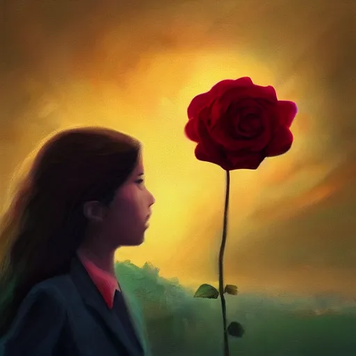 Image similar to closeup, giant rose flower head, frontal, girl in a suit, surreal photography, sunrise, dramatic light, impressionist painting, digital painting, artstation, simon stalenhag