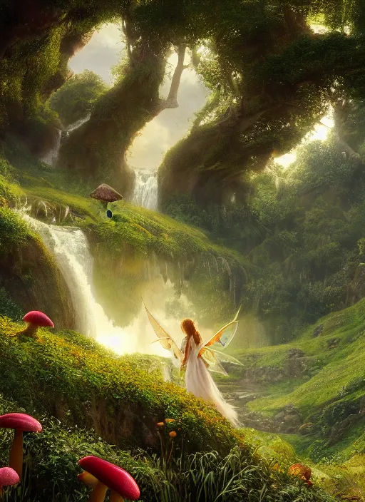 Image similar to an elegant winged fairy in the lord of the rings scenery landscape, playing in a vast lush valley flowers and mushroom structures, stream, sunrise, god's rays highly detailed, vivid color, cinematic lighting, perfect composition, 8 k, gustave dore, derek zabrocki, greg rutkowski, belsinski, octane render