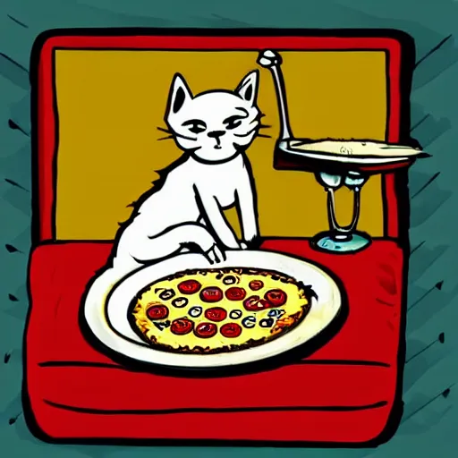 Image similar to cat eating pizza, vintage illustration