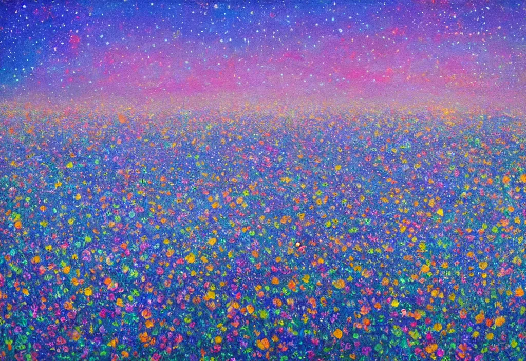 Prompt: night sky full of brilliant eyes staring down on a field of glass flowers (dream) mercurial, award winning detailed oil painting, chromatic aberration sharp colors