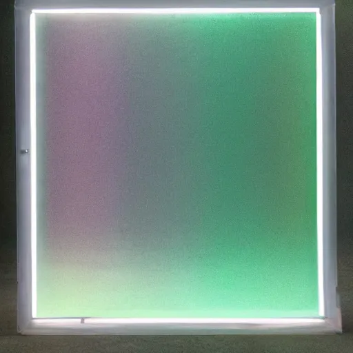 Image similar to a pastel coloured Polaroid photo of a minimalist sunbed made of transparent iridescent perspex stood in a field, beams of light, nostalgic