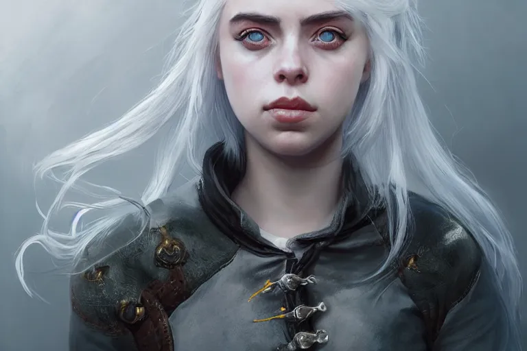 Prompt: A portrait of Billie Eilish as Ciri from the Witcher Game by Ruan Jia and Mandy Jurgens and Artgerm and william-adolphe bouguerea, highly detailed, trending on artstation, award winning, H 768