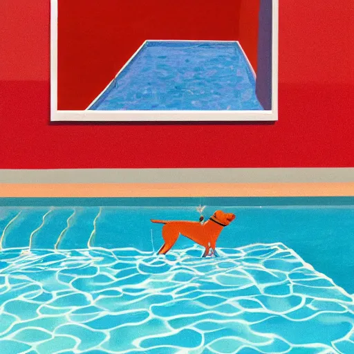 Prompt: close-up of a red dog at pool, painting by david hockney, higly detailed