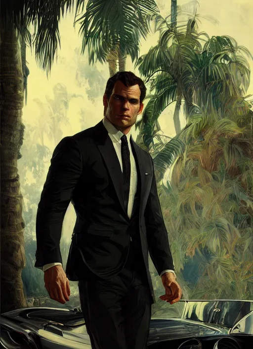 Image similar to portrait of henry cavill as james bond, key art, palm trees, vintage aston martin, highly detailed, digital painting, artstation, concept art, cinematic lighting, sharp focus, illustration, by gaston bussiere alphonse mucha