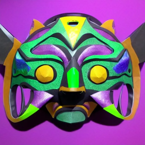 Image similar to majoras mask as a realistic wearable mask. polygonal. very colorful.