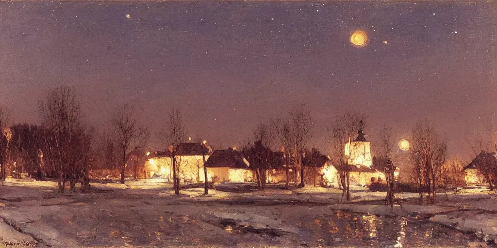 Image similar to a scene of a small rural russian village at night, stars, moon, wintertime, painting by frank weston benson