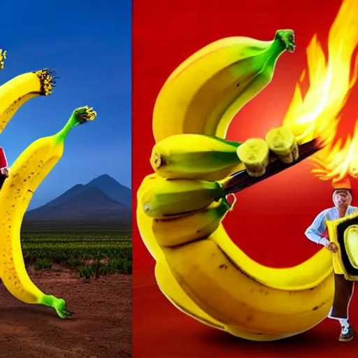 Prompt: Chinese president with bananas in hand in epic stance fighting dragon on flaming mountain, bananas weapon, painting, epic