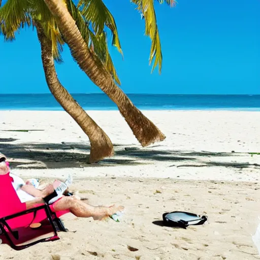 Prompt: spaceman lounging on a beach chair and on the beach having pina colada