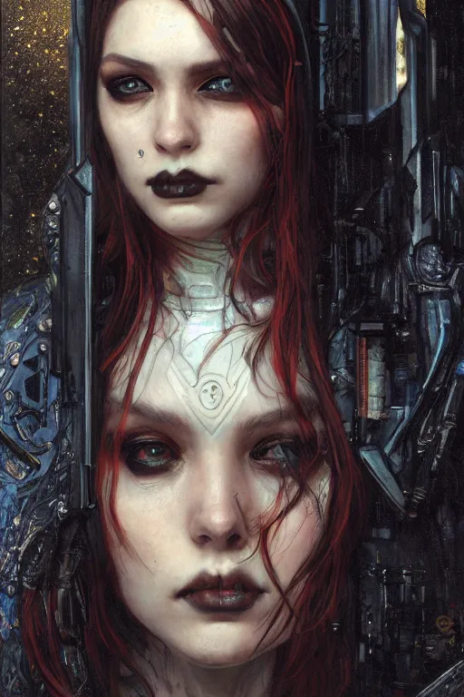 Image similar to portrait of beautiful young gothic sister of battle, cyberpunk, Warhammer, highly detailed, artstation, illustration, art by Gustav Klimt