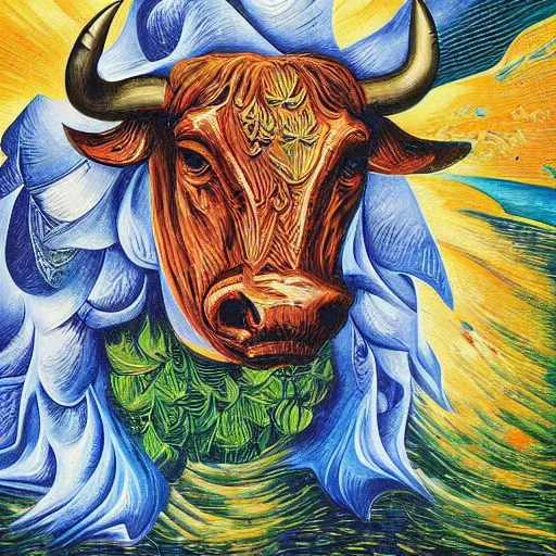 Prompt: water, flowers, bull, by dan mumford and umberto boccioni, oil on canvas