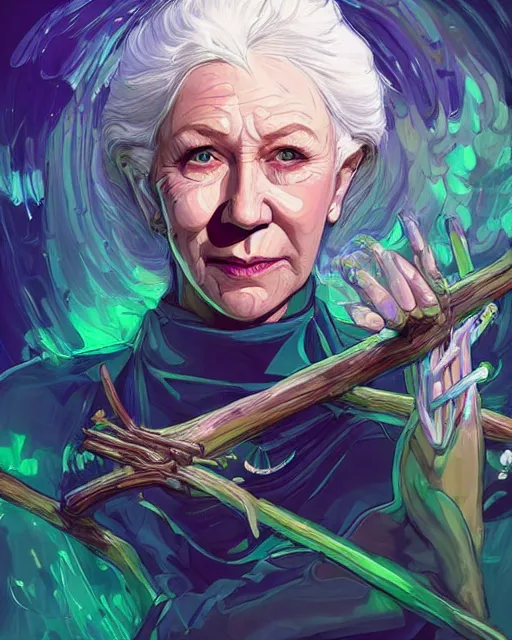 Image similar to a white-haired witch holding a gnarled staff, helen mirren, ancient wisdom, glowing iridescent accents, digital apex legends illustration portrait, gorgeous lighting, wide angle action dynamic portrait, art by Josan Gonzalez, bright colors, green and gold palette, high contrast