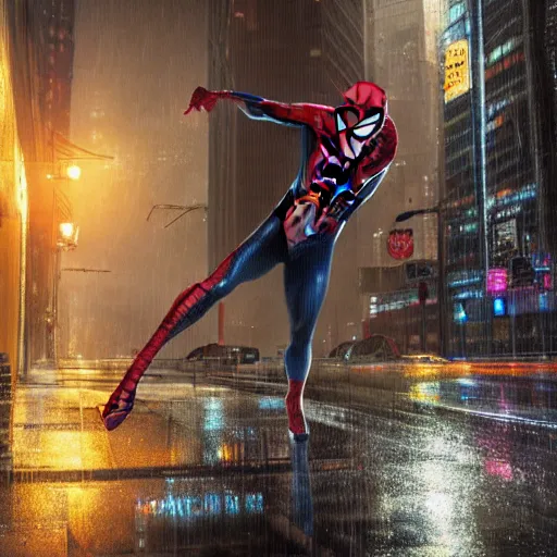 Prompt: Spider-Man web-swinging through a cyberpunk city in the rain, hyperrealistic oil painting, 4k, studio lighting