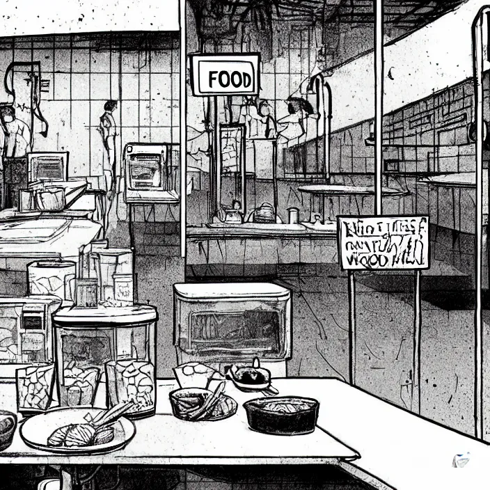 Image similar to close - up on poor quality food, water, and gruel : on a table. background : insterior of a dirty automated kiosk, black tiles on walls. black and white, pencil and ink. by gabriel hardman, joe alves, chris bonura. cinematic atmosphere, detailed and intricate, perfect anatomy