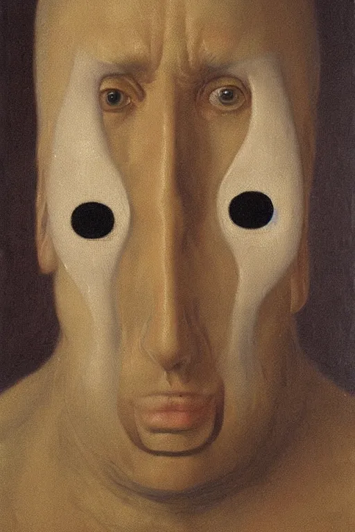 Prompt: a painting portrait of a mutant with six eyes, two noses and three mouths character art, painting by hammershøi