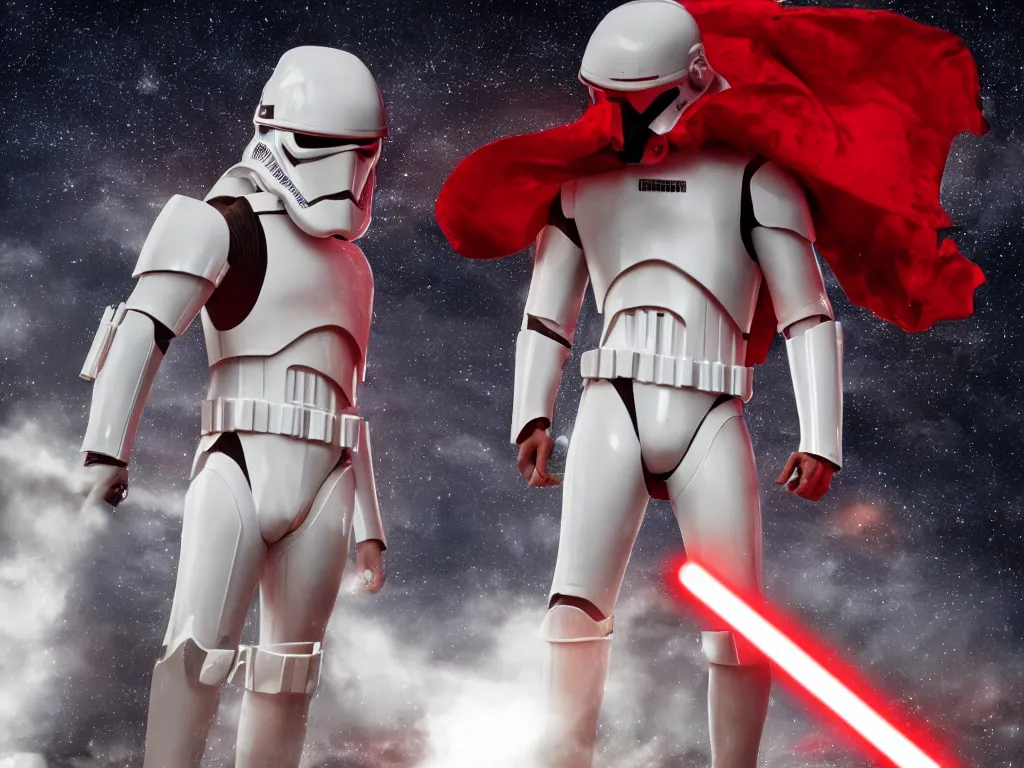 Prompt: gigachad space trooper in glossy sleek white armor with small red details, no helmet, red cape, heroic posture, firing laser rifle, muscular, athletic, on the surface of mars, explosions in the background, nighttime, dramatic lighting, cinematic, movie still from star wars