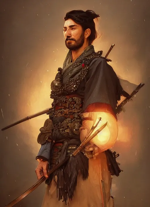 Image similar to Highly detailed portrait of Kurdish samurai, Stephen Bliss, unreal engine, fantasy art by Greg Rutkowski, Loish, Rhads, ferdinand knab, Makoto Shinkai and Lois van baarle, ilya kuvshinov, rossdraws, Tom Bagshaw, alphonse mucha, global illumination, radiant light, detailed and intricate environment