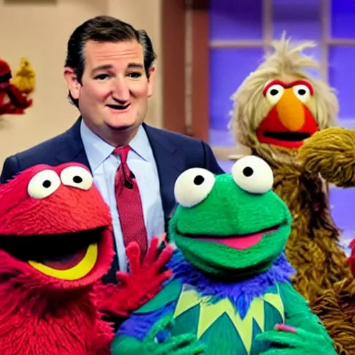 Prompt: ted cruz getting beaten up by a gang of muppets on sesame street