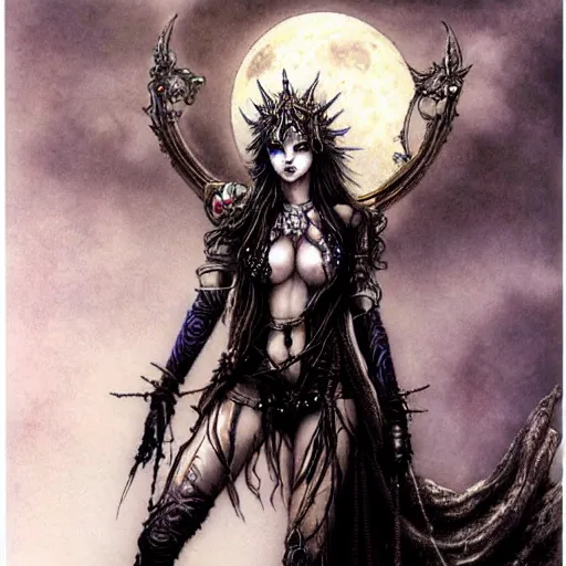 Prompt: Female Jester deity, salute to the moon, painting by Luis Royo