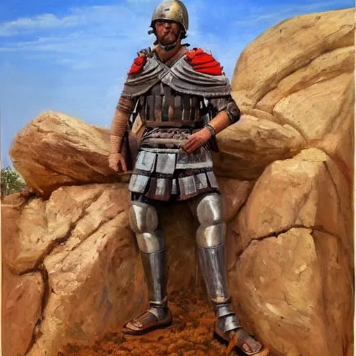 Prompt: roman legionary from 5 0 ad rests beside a boulder in the australian outback, oil painting, realistic, masterpiece, artstation, pinterest, historical