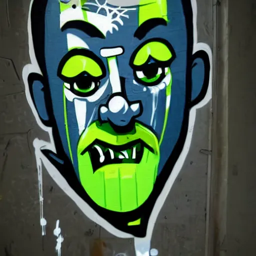 Prompt: graffiti art of the g - man from half life with a large cannabis cigarette in his mouth