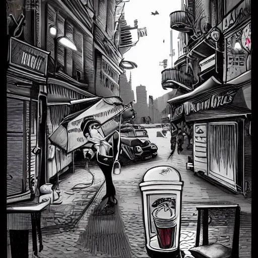Prompt: drinking coffee in the streets, in the style of james jean, film noir, dark atmosphere