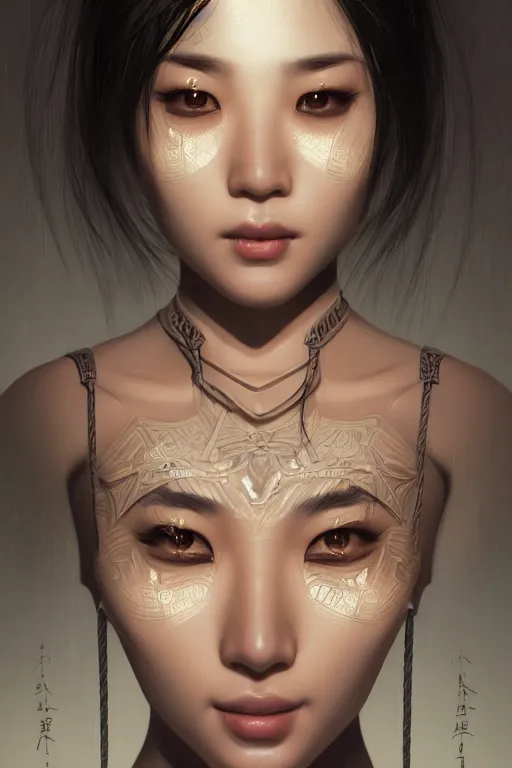 Image similar to a portrait of an single asian goddess, detailed, realistic eyes, symmetry features proportions, intricate facial details, cybertech wear, award winning, trending in cgsociety artstation deviant art