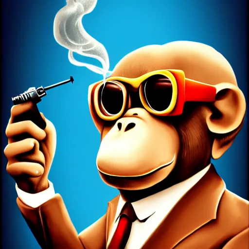 Prompt: monkey with sunglasses wearing a suit and holding 2 pistols, smoking cigar, trending on pixiv, cinematic composition, detailed, hd, digital art