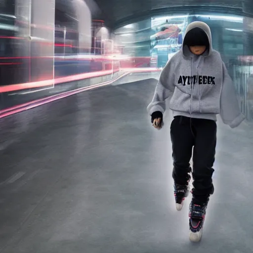 Prompt: teenager with hoddie rollerblading away at hyperspeed, animatrix, anime matrix