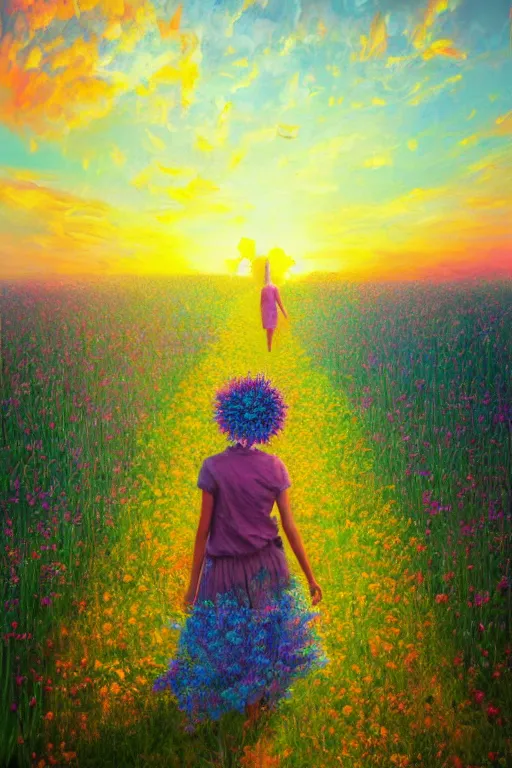 Image similar to giant corn flower head, girl walking in a flower field, surreal photography, sunrise, dramatic light, impressionist painting, colorful clouds, digital painting, artstation, simon stalenhag