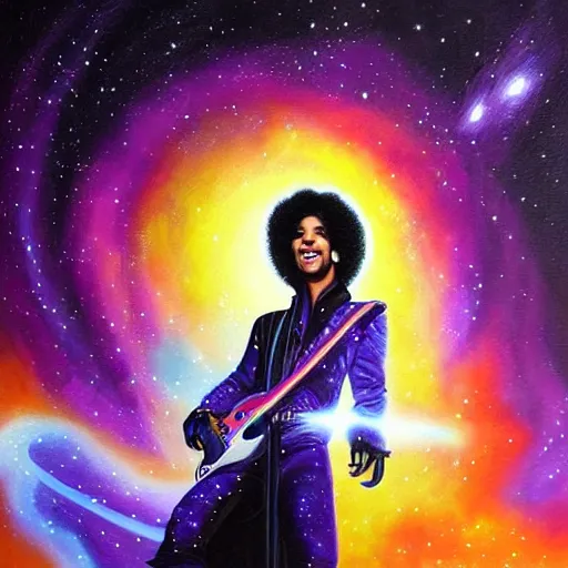 Image similar to a cosmic painting of prince in space. trending on artstation.