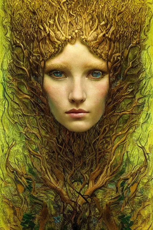 Image similar to Nature by Karol Bak, Jean Deville, Gustav Klimt, and Vincent Van Gogh, beautiful organic portrait, visionary, hair made of trees, verdant, life, botanicals, otherworldly, fractal structures, ornate gilded medieval icon, third eye, spirals