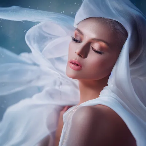 Prompt: filmstill photography of female body covered with white translucent blanket acrylic liquid colors, luxurious supermodel photoshooting, golden jewelry, bokeh, godrays, strong wind, wrinkles