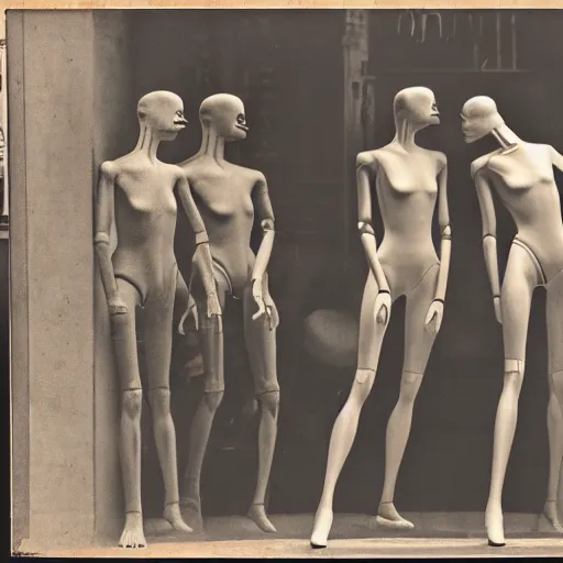 Prompt: manikins dancing, wax manikin heads, smiling at each other, uncanny valley, 1 9 2 0, paris, shop window, photograph, style of atget, nightmare, concept art, creepy