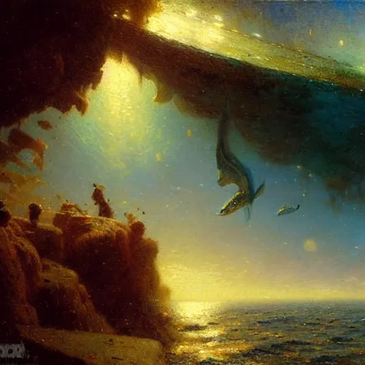 Image similar to point of view of deep in the ocean looking up, you see fishes, higher the milk way, night time, midnight. highly detailed painting by gaston bussiere, greg rutkowski 8 k