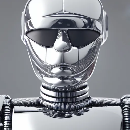 Prompt: portrait of a chrome robot with a humanoid face, insanely detailed intricate octane render, 8 k artistic photography, photorealistic