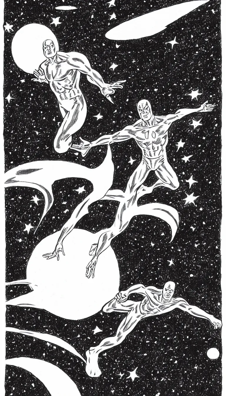 Image similar to silver surfer in space hovering above earth, by steve ditko, black and white, pencil drawing,